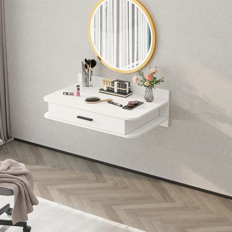 Hanging Wall-mounted Floating Bedroom Makeup Dressing Table Modern Simple Design Panel Rounded Corners Round Mirror Bedside Desk