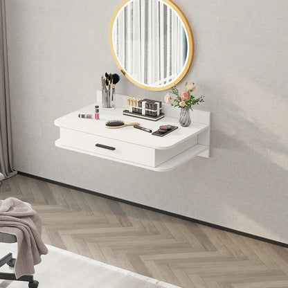 Hanging Wall-mounted Floating Bedroom Makeup Dressing Table Modern Simple Design Panel Rounded Corners Round Mirror Bedside Desk