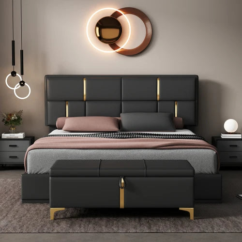 2-Piece  Size MDF Bedroom  Adjustable Height Convertible Upholstered Platform Bed Hydraulic Storage Home Furniture