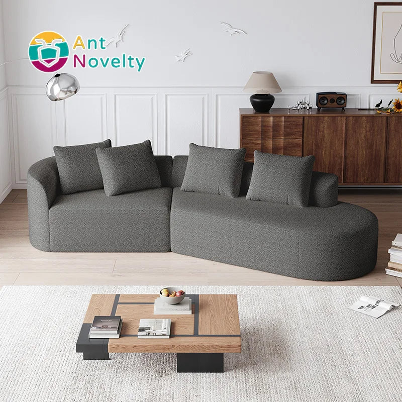 Modern Chenille Sectional Sofa Wood Legs Extra Deep Wide Seats Curved Cloud Design 4 Pillows Free Combination for Living Room