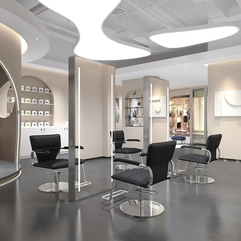 Barber Shop & Hair Salon Double-Sided Metal Salon Mirror Cabinet with Trendy Style Floor Light for Haircut and Perm/Dye Services