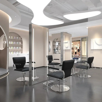 Barber Shop & Hair Salon Double-Sided Metal Salon Mirror Cabinet with Trendy Style Floor Light for Haircut and Perm/Dye Services