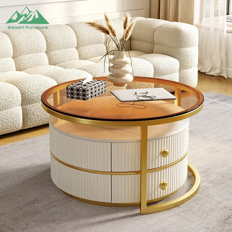 Wayon Modern White Round Nesting Coffee Table Set Gold Frame Storage Drawers Fluted Texture Living Room
