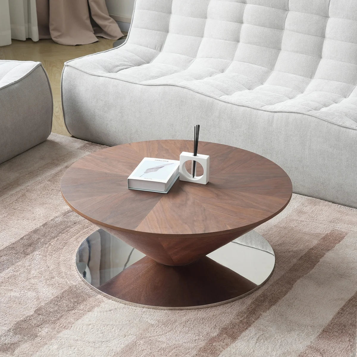 ATUNUS USA in Stock Drop Shipping Metal Base Stainless Steel Modern Wood Top Side Oval Center Tea Coffee Table