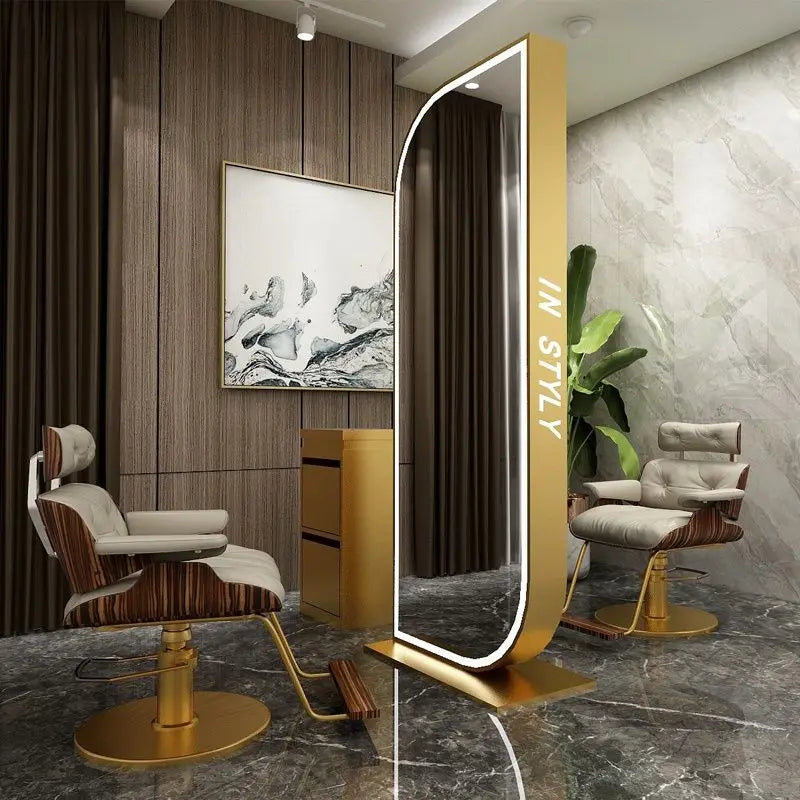 Barber Shop & Hair Salon Double-Sided Metal Salon Mirror Cabinet with Trendy Style Floor Light for Haircut and Perm/Dye Services