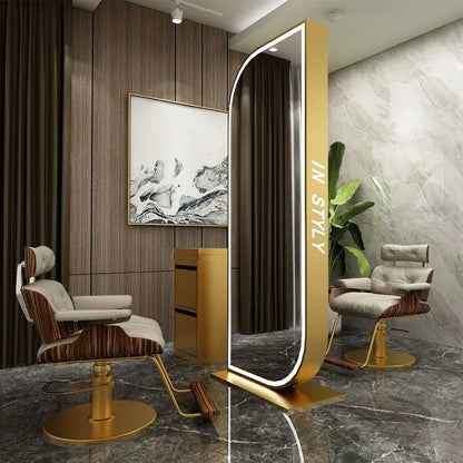 Barber Shop & Hair Salon Double-Sided Metal Salon Mirror Cabinet with Trendy Style Floor Light for Haircut and Perm/Dye Services