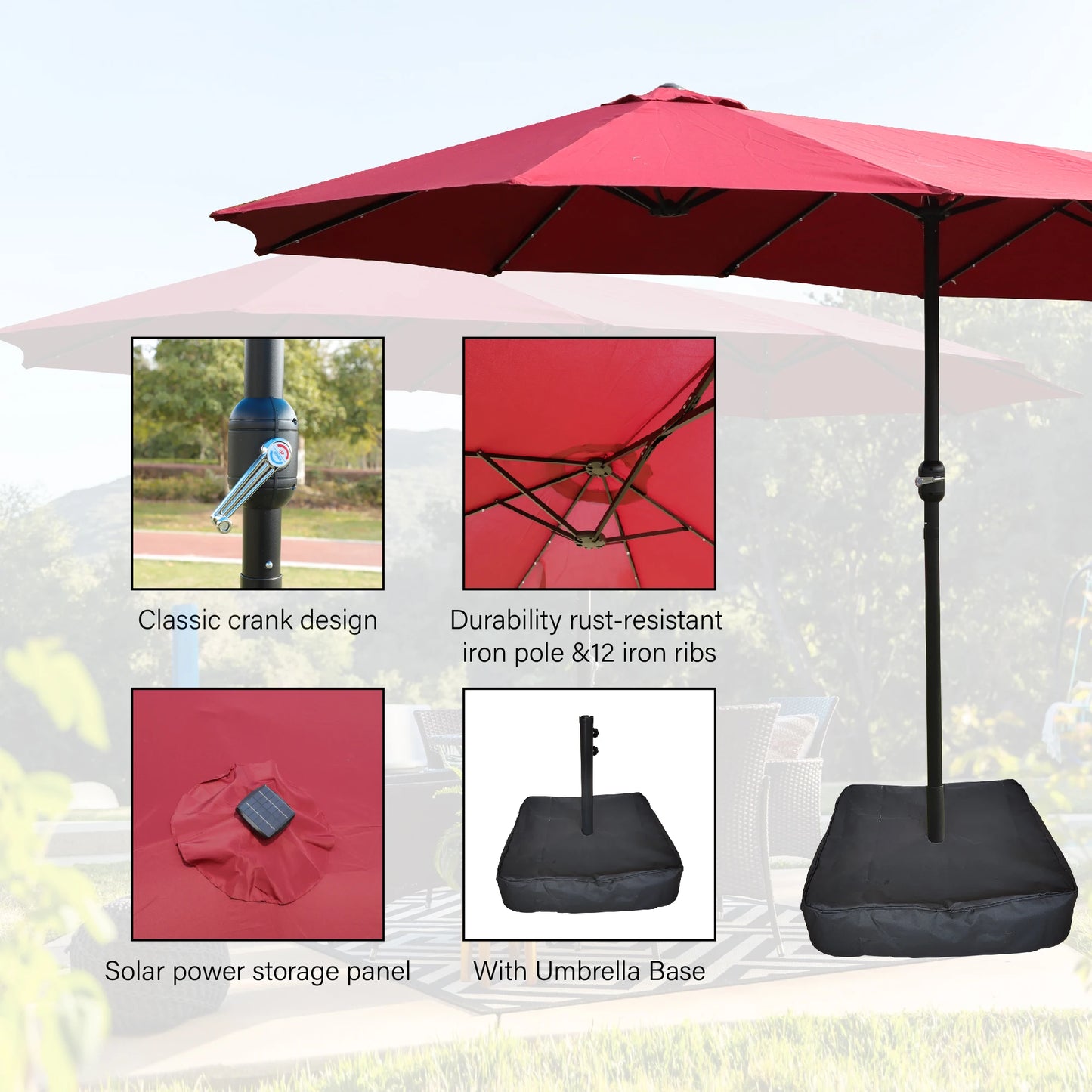 Large 15x9 FT Red Double-Sided Rectangular Outdoor Twin Patio Market Umbrella Foldable and Waterproof with Light and Base
