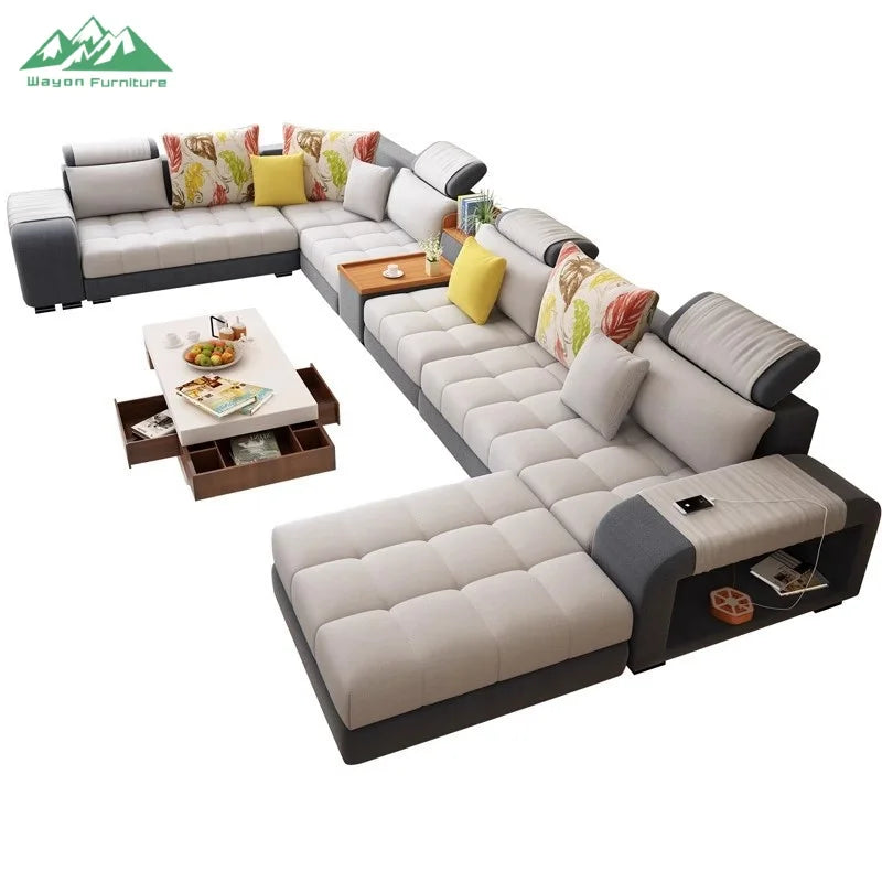 Wayon   Modular Fabric L-Shaped Sofa with Wooden Legs & Built-in USB Charging Storage Unit Modern Living Room Set