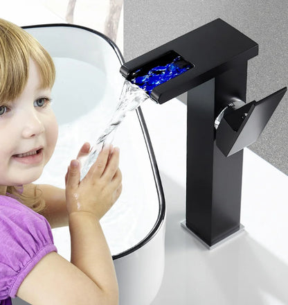 LED mixer tap for washbasin, outdoor decorator with luminous waterfall effect, colors changing according to temperature