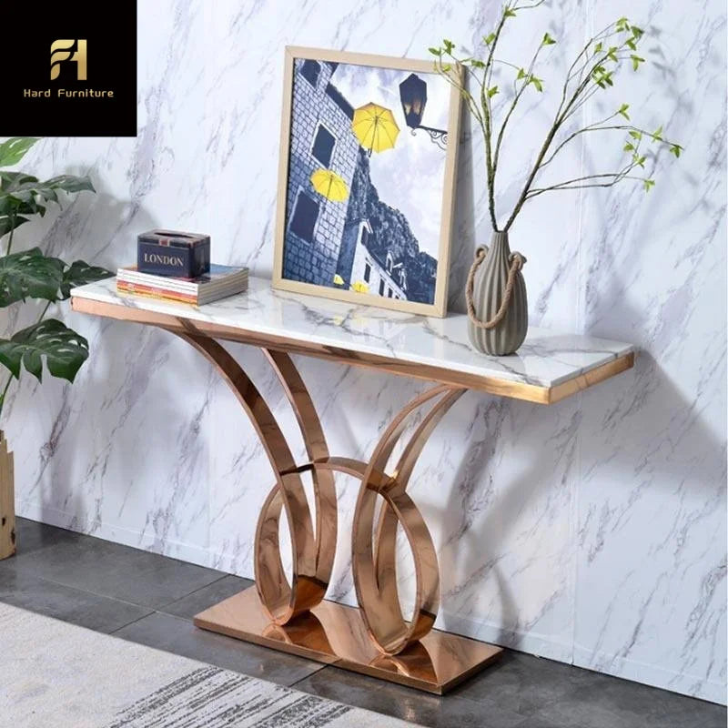 Contemporary Luxury Stainless Steel Console Table Titanium Gold Rose Gold Customized Modern Design for Hotel Entrance Furniture