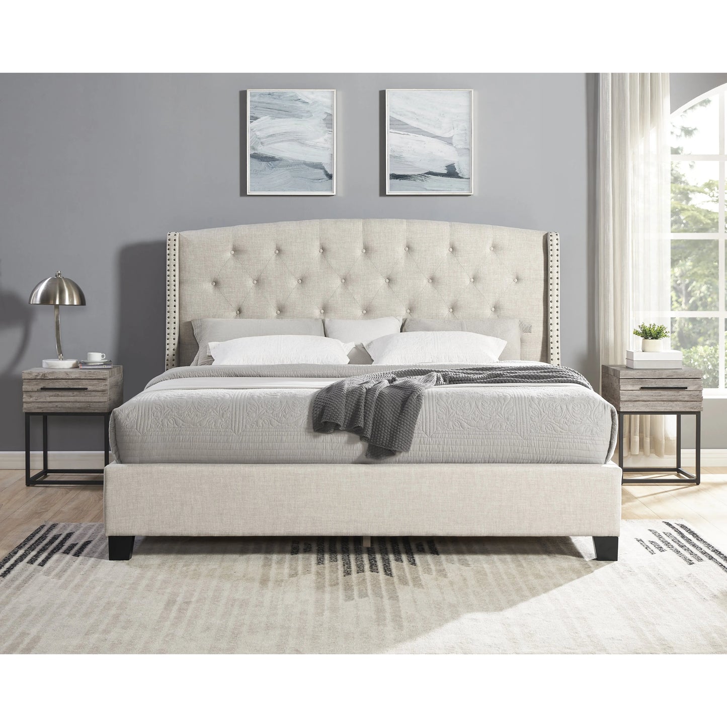 Astral 3-Piece Upholstered Bedroom Set Tufted Wingback Bed With Two Gray Nightstands - Queen Size