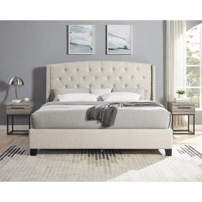 Astral 3-Piece Upholstered Bedroom Set Tufted Wingback Bed With Two Gray Nightstands - Queen Size
