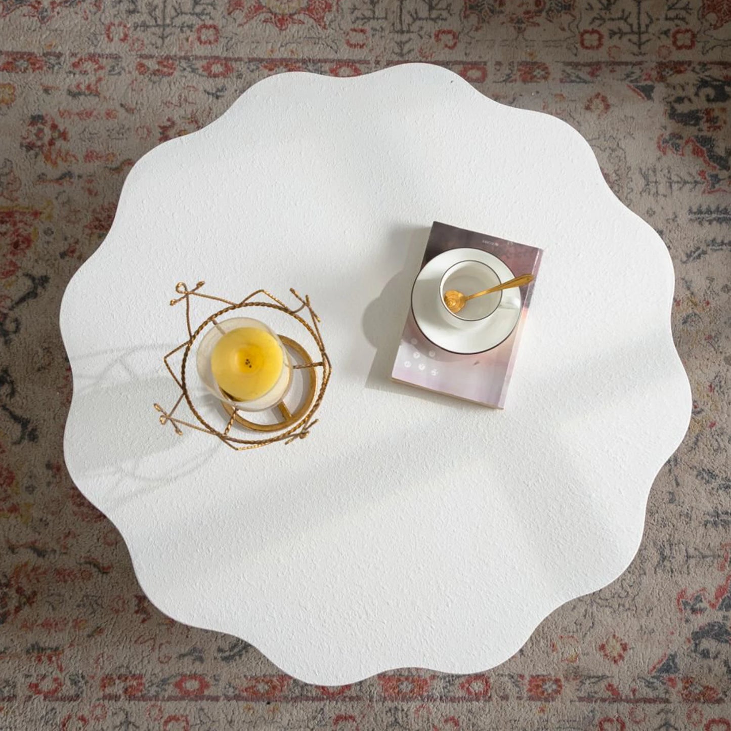 Scalloped White Coffee Table: Unique Wave-Edge Shape, Elegant Focal Piece for Stylish Spaces.