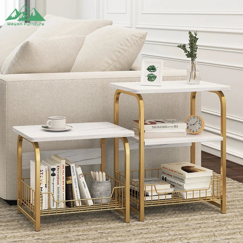 Wayon Ergonomic Side Sofa Table with Integrated Wire Basket Functional Coffee Table for Small Space