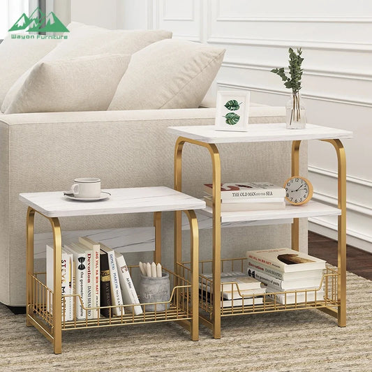 Wayon Ergonomic Side Sofa Table with Integrated Wire Basket Functional Coffee Table for Small Space
