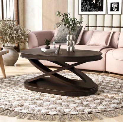 44 Inch Modern Wood Oval Coffee Table with X-Shaped Base Open Storage Sofa Center Table for Living Room Furniture