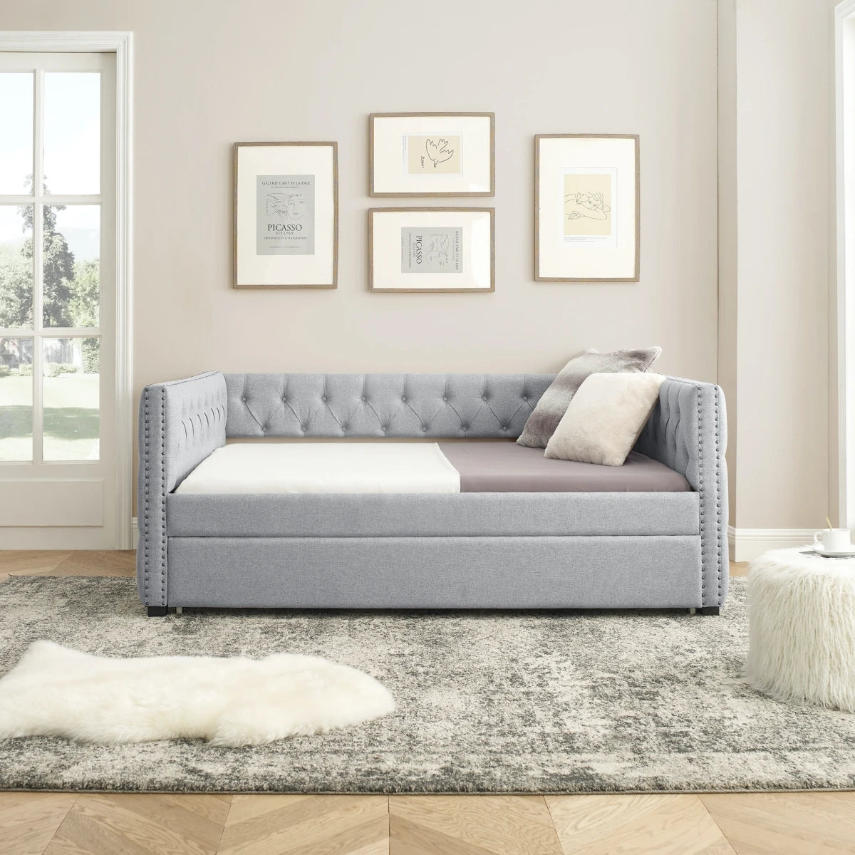Daybed with Trundle Upholstered Tufted Sofa Bed With Button and Copper Nail on Square Arms Full Daybed and Twin Trundle