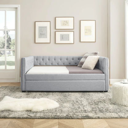 Daybed with Trundle Upholstered Tufted Sofa Bed With Button and Copper Nail on Square Arms Full Daybed and Twin Trundle