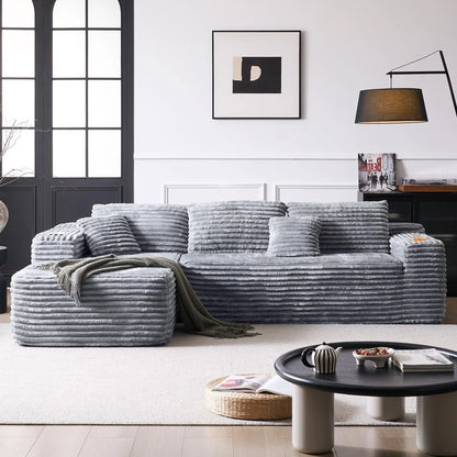 Grey Corduroy L-Shape Corner Three Seat Modular Compressed Sponge Sofa with Vacuum Packaging for Hotel Use in a Box