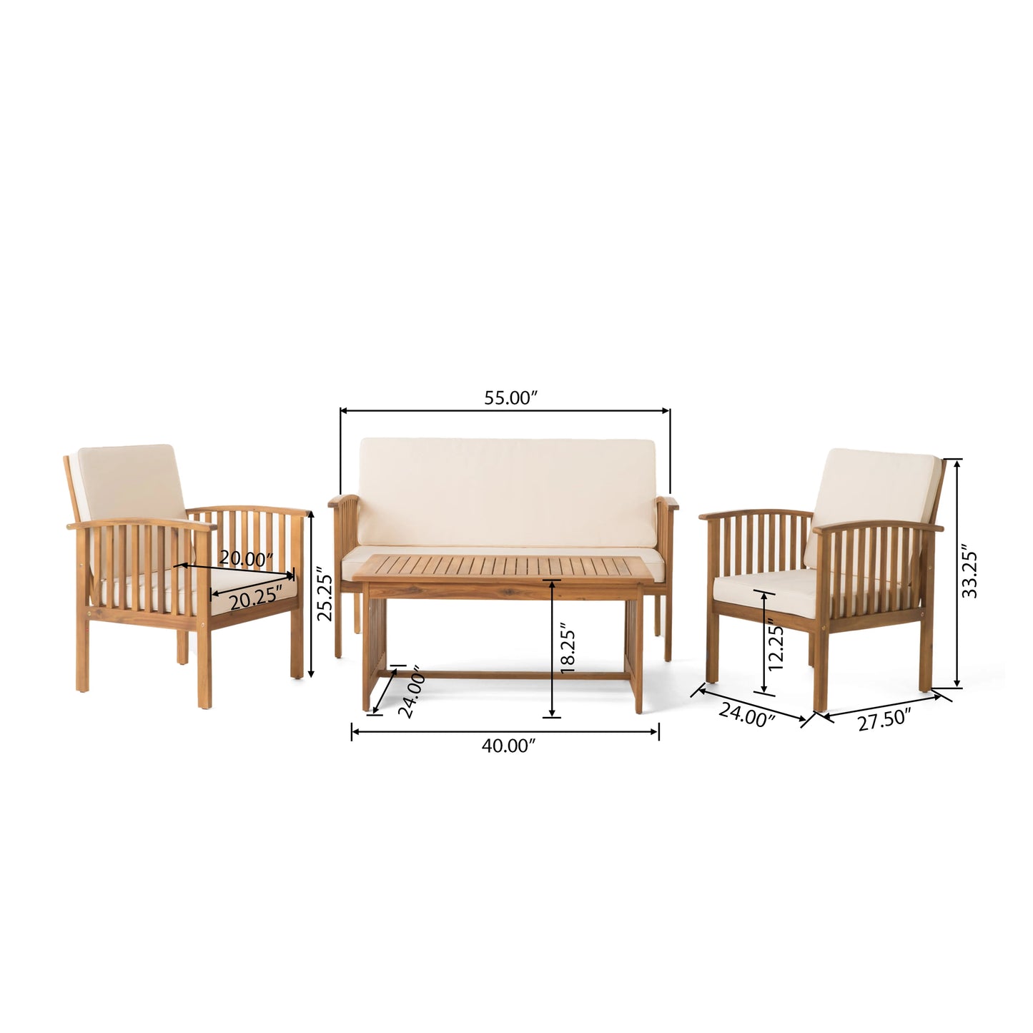 4-Piece Chat Collection Garden Set Natural Wood Outdoor Furniture with Water-Resistant Cushions for Courtyard Use