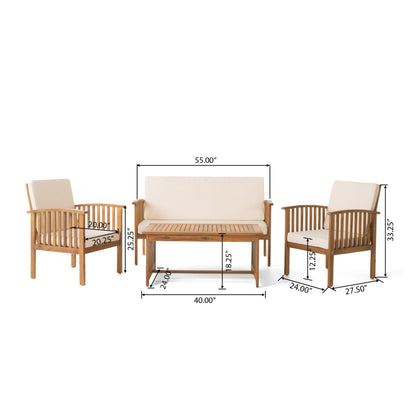 4-Piece Chat Collection Garden Set Natural Wood Outdoor Furniture with Water-Resistant Cushions for Courtyard Use