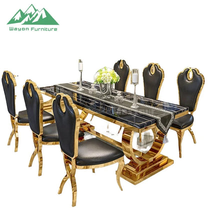 Wayon Hot-Sale Modern 6-Seater Dining Table Set: Stainless Steel Rectangle Frame with Waterproof Marble Top