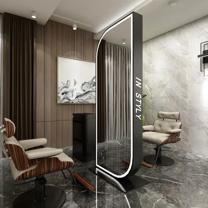 Barber Shop & Hair Salon Double-Sided Metal Salon Mirror Cabinet with Trendy Style Floor Light for Haircut and Perm/Dye Services