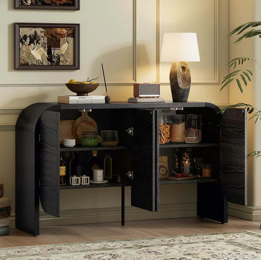 Modern Wood Sideboard Cabinet Curvy Edge 4 Doors Storage Adjustable Shelves Portable Living Room