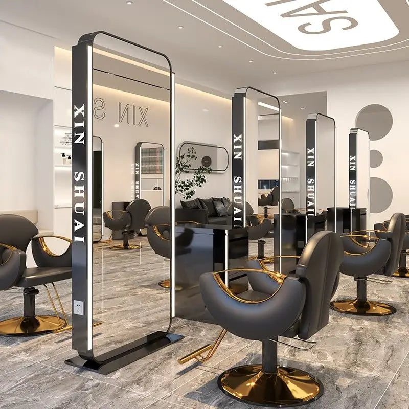 Barber Shop & Hair Salon Double-Sided Metal Salon Mirror Cabinet with Trendy Style Floor Light for Haircut and Perm/Dye Services