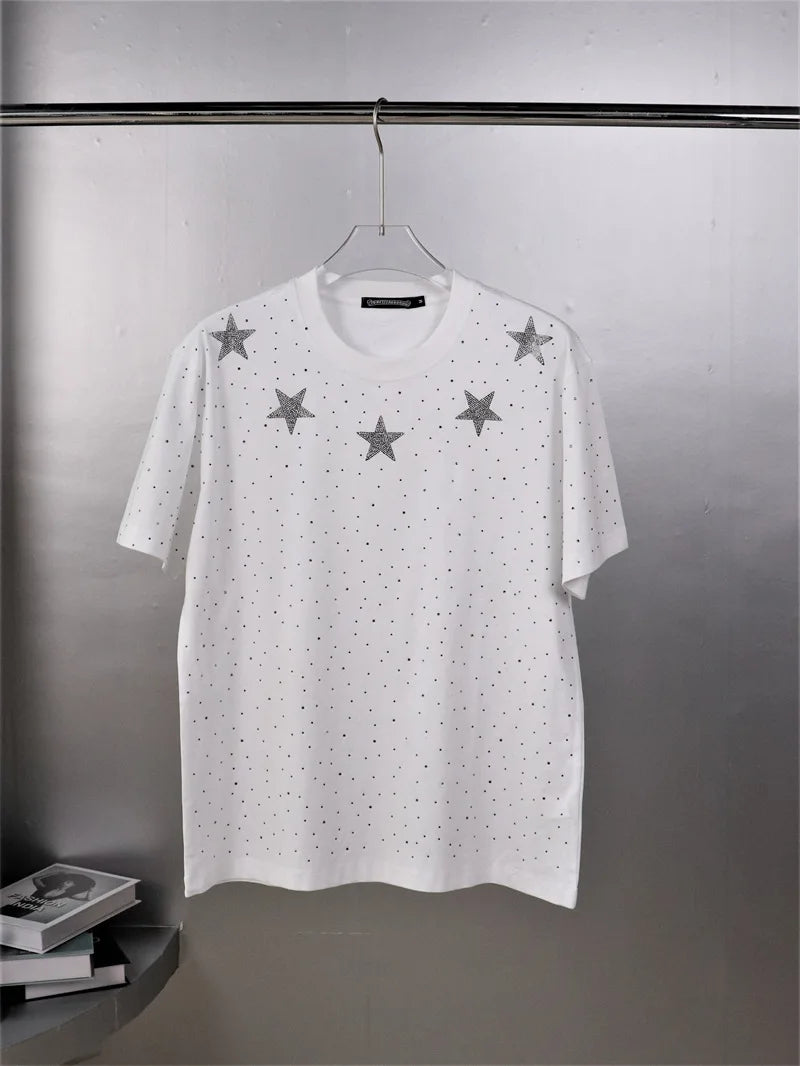 Summer Men Rhinestone Print Round Neck Cotton Clothes Short-sleeved T-shirt Plus Size Men's T-shirts