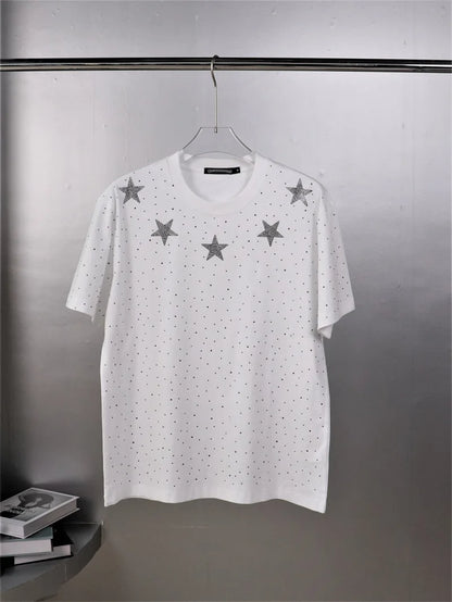 Summer Men Rhinestone Print Round Neck Cotton Clothes Short-sleeved T-shirt Plus Size Men's T-shirts