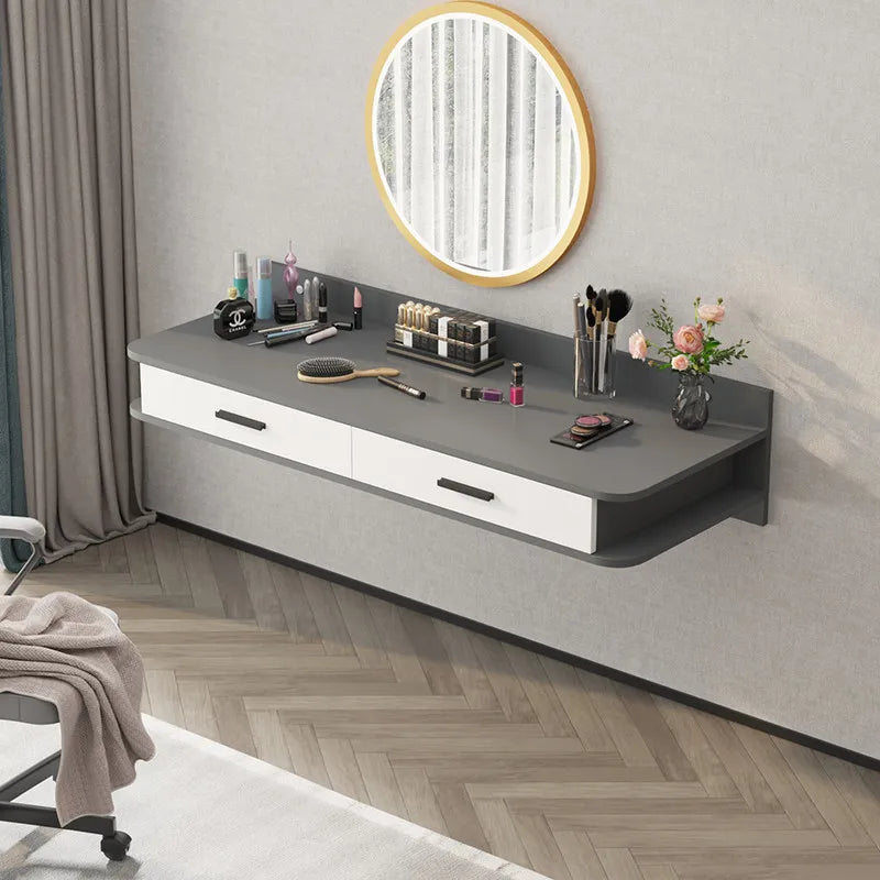 Hanging Wall-mounted Floating Bedroom Makeup Dressing Table Modern Simple Design Panel Rounded Corners Round Mirror Bedside Desk