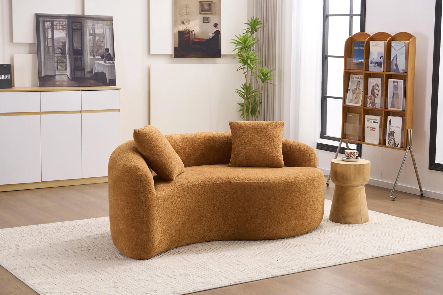 Full Compression Sponge Loveseat S-Curved Dual-Depth Sofa Orange Chenille Modular for Small Spaces & Meditation
