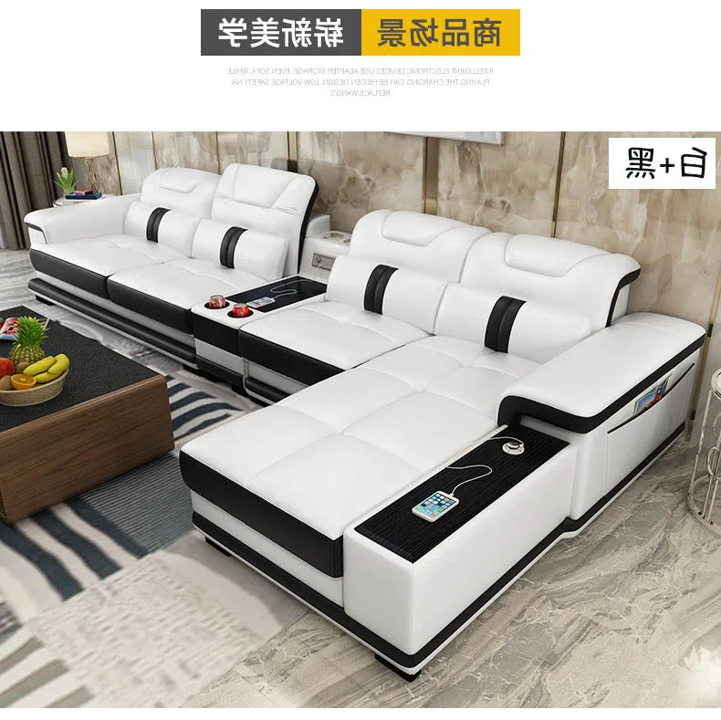Linlamlim Modern Living Room Sofas L Shape Corner Italian Genuine Leather Couch with Speake,Radio,USB, Bluetooth, Cup Holder