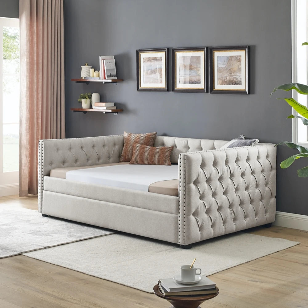 Daybed with Trundle Upholstered Tufted Sofa Bed With Button and Copper Nail on Square Arms Full Daybed and Twin Trundle