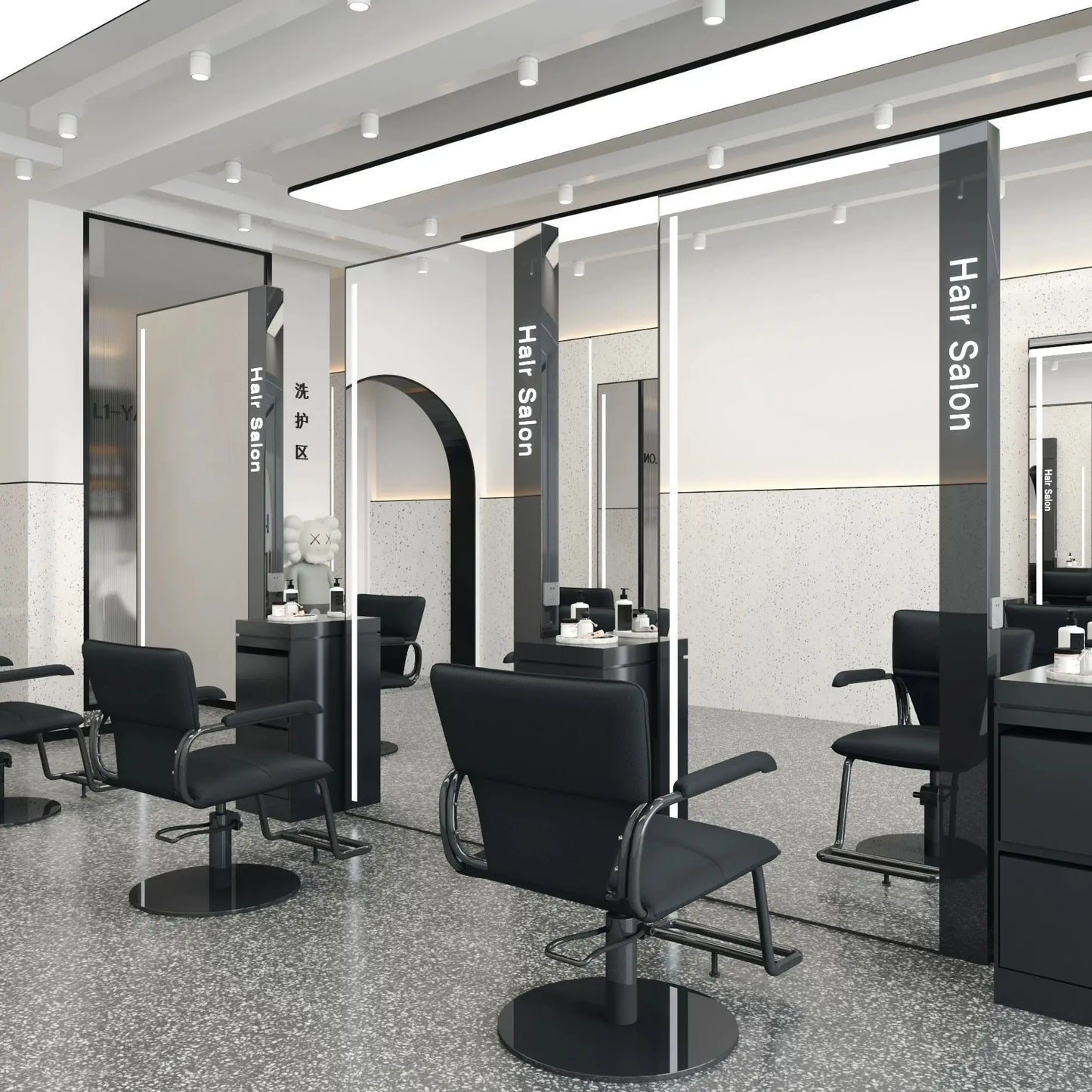 Barber Shop & Hair Salon Double-Sided Metal Salon Mirror Cabinet with Trendy Style Floor Light for Haircut and Perm/Dye Services