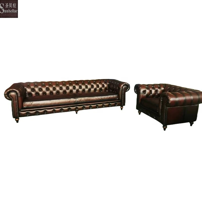 OEM High Quality Chesterfield Leather Sofa Antique Distressed Oxblood Red 100% Top Grain Genuine Leather Chesterfield Sofa Set