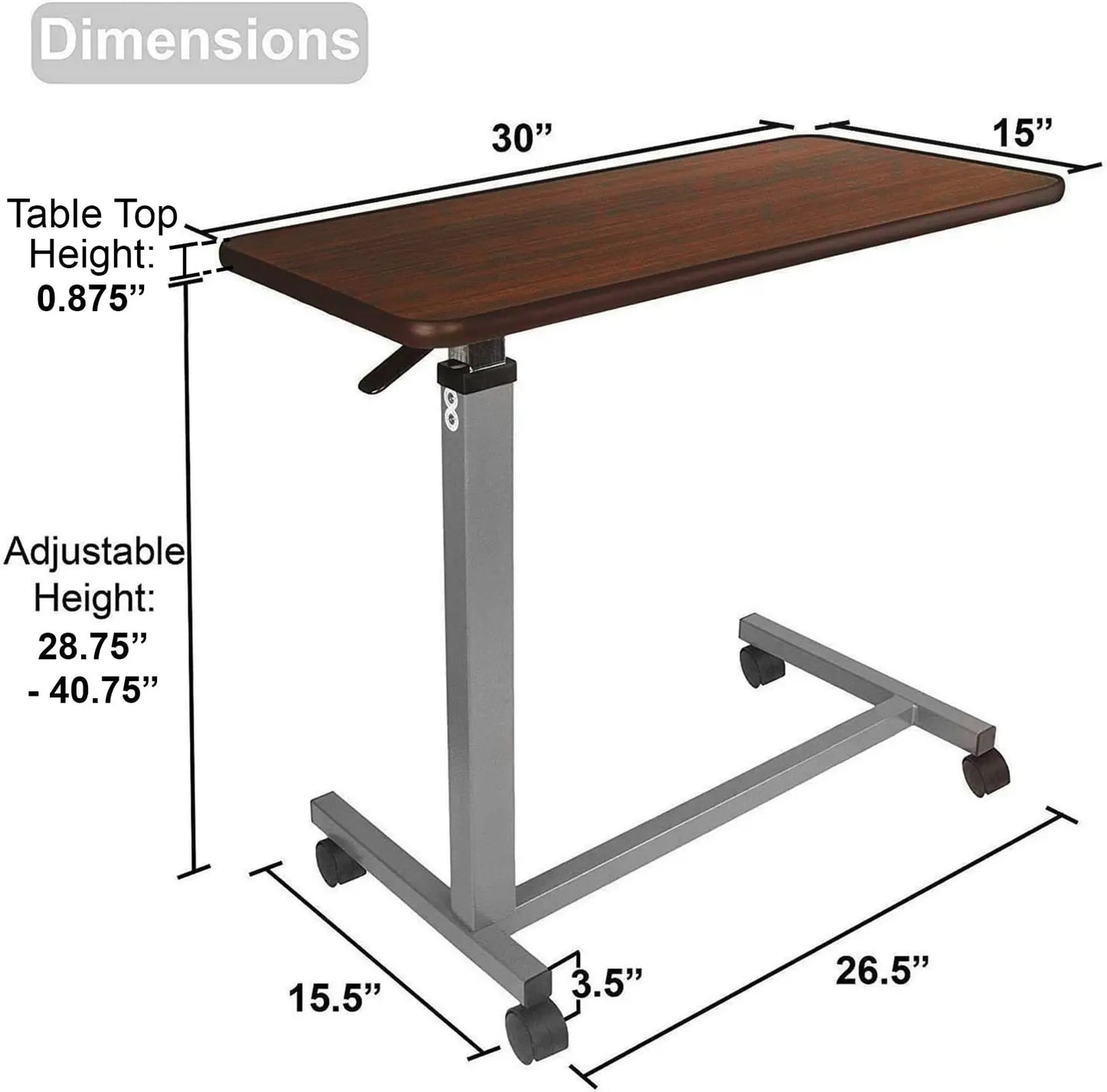 Vaunn Adjustable Overbed Bedside Table With Wheels (Hospital and Home Use), Walnut Brown Side Tables Coffee Height Living Room