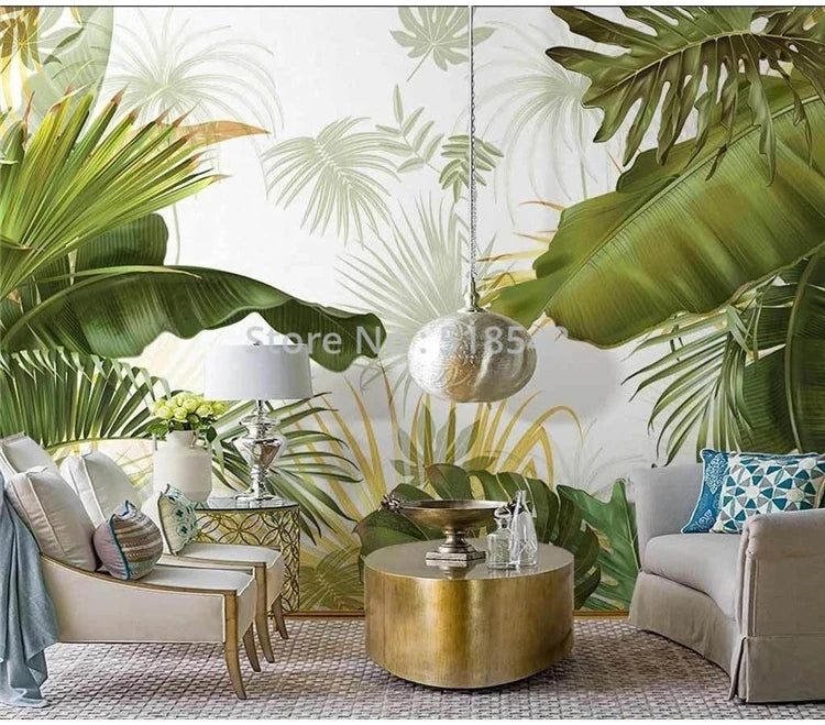 Custom Any Size Mural Wallpaper Nordic Hand Painted Tropical Leaves Plants Indoor Luxury Backdrop Wall Painting Papel De Parede