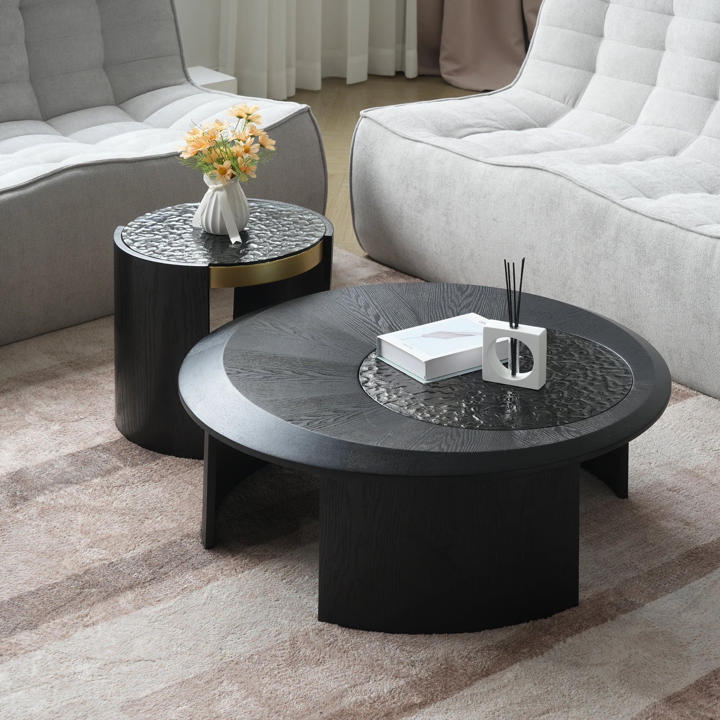 ATUNUS USA in Stock Drop Shipping Contemporary Art Modern Wood Hammer Glass Round Black Top Side Oval Center Tea Coffee Table