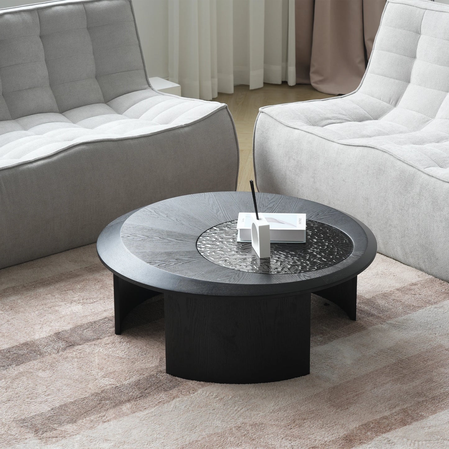 ATUNUS USA in Stock Drop Shipping Contemporary Art Modern Wood Hammer Glass Round Black Top Side Oval Center Tea Coffee Table