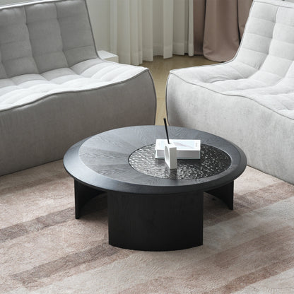 ATUNUS USA in Stock Drop Shipping Contemporary Art Modern Wood Hammer Glass Round Black Top Side Oval Center Tea Coffee Table