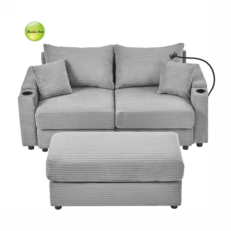 Modern Design 2 Seater Striped Velvet Multi-functional Upholstered Sofa with Ottoman for Living Room Use