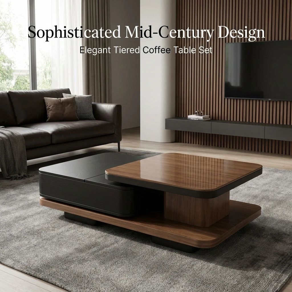 Modern Two-piece Design, Coffee Table, Wooden Board, Glossy Paint, Easy to Clean, Durable, Household Living Room Furniture