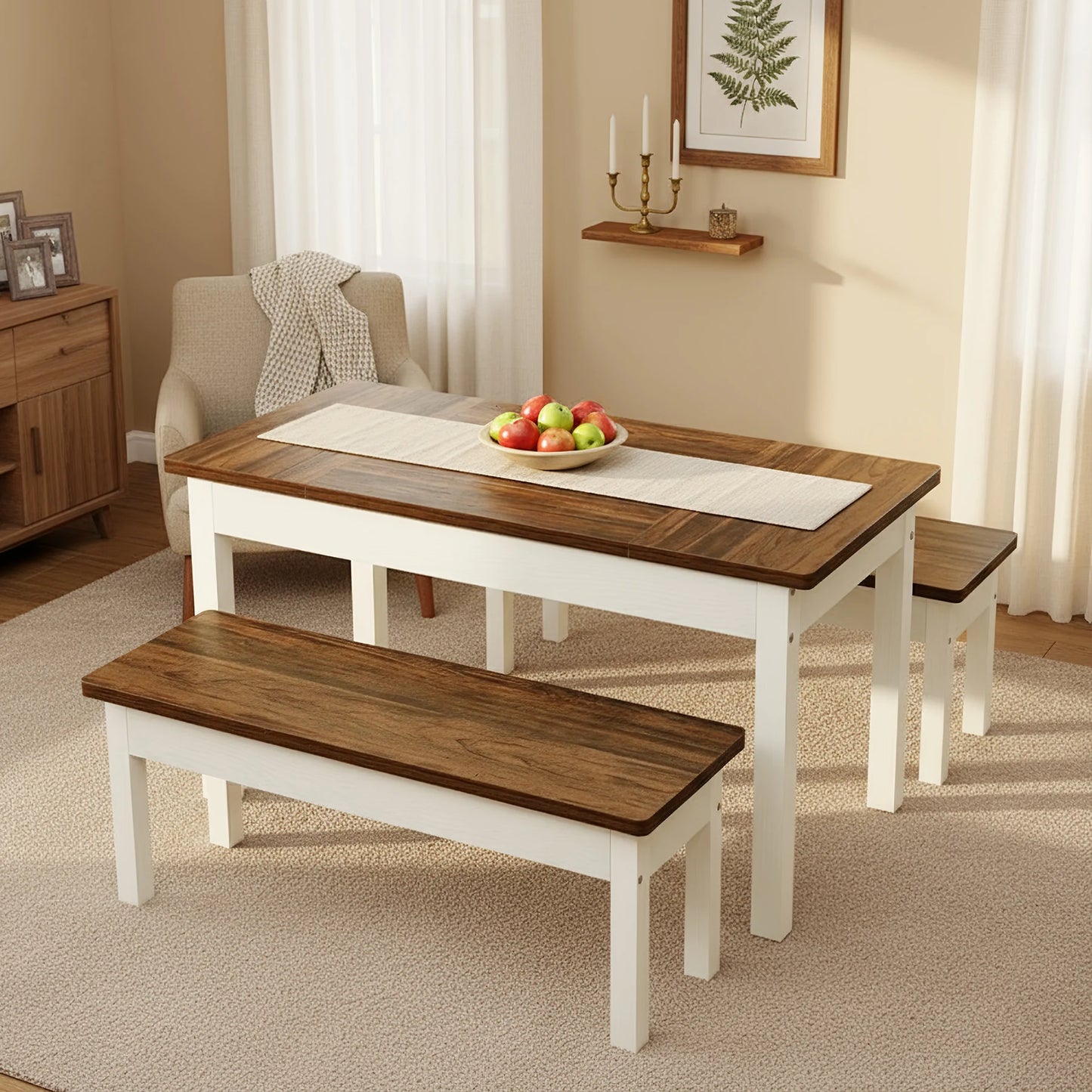 Tribesigns 3-Piece Dining Set with 2 Benches, 55" Farmhouse Table for 4-6, Space-Saving Kitchen Dinette for Small Space, Brown
