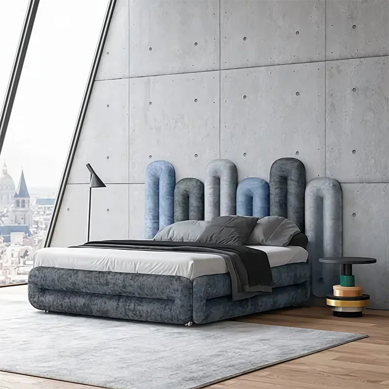 Art Modern King Deluxe Bed Solid Wood Frame Metal Legs Blue Green Red Velvet Bedroom Furniture