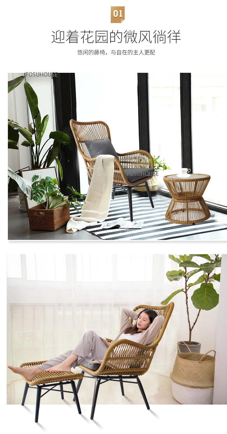Rattan Chair Three Piece Set Balcony Table Combination Outdoor Furniture Armrest Single Rattan Sofa Recliner Patio Outdoor Chair