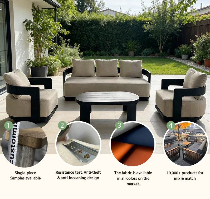 Custom Modern Design Aluminum Garden Sofa Outdoor Furniture Set Waterproof Cushions for Balcony Patio Hotel Villa Courtyard