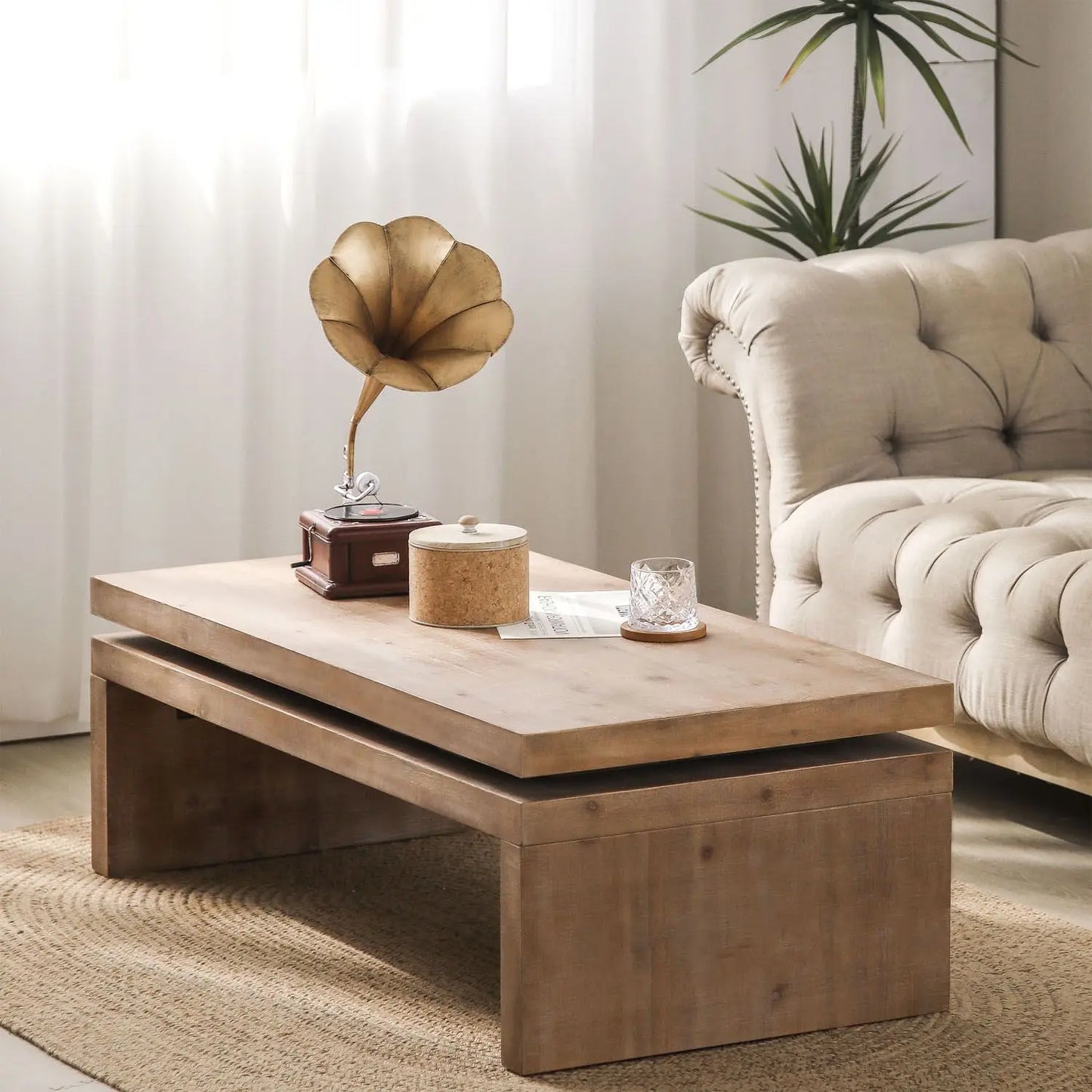 DB Natural Wood Living Room Table Versatile 2-Tiered Coffee Table with 47.6"L * 23.6"W * 16.3"H Durable Metal Material
