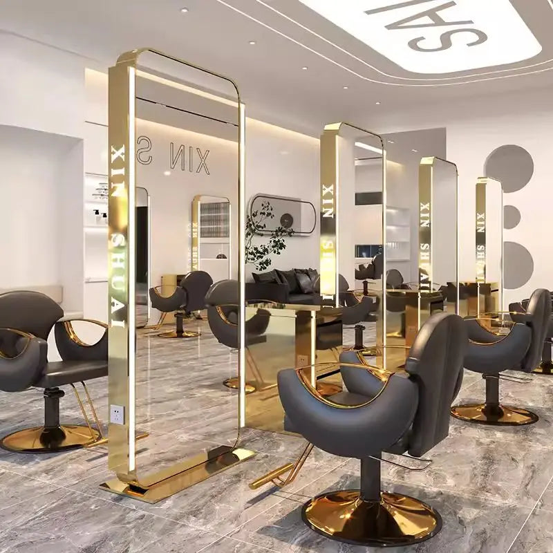 Barber Shop & Hair Salon Double-Sided Metal Salon Mirror Cabinet with Trendy Style Floor Light for Haircut and Perm/Dye Services